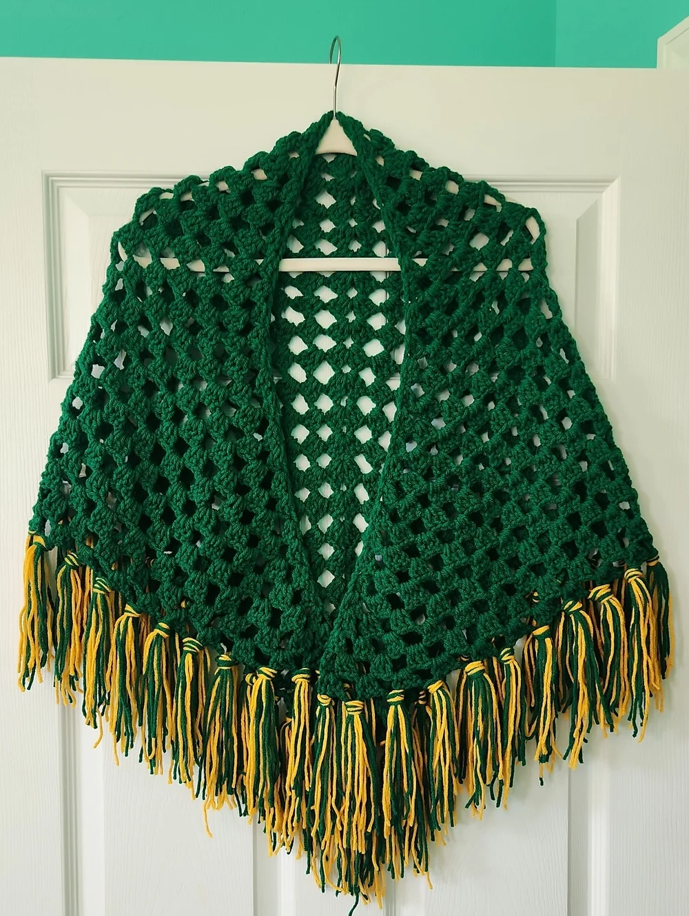 Handmade  Varsity Green Crochet Shawl with Varsity Gold Fringe